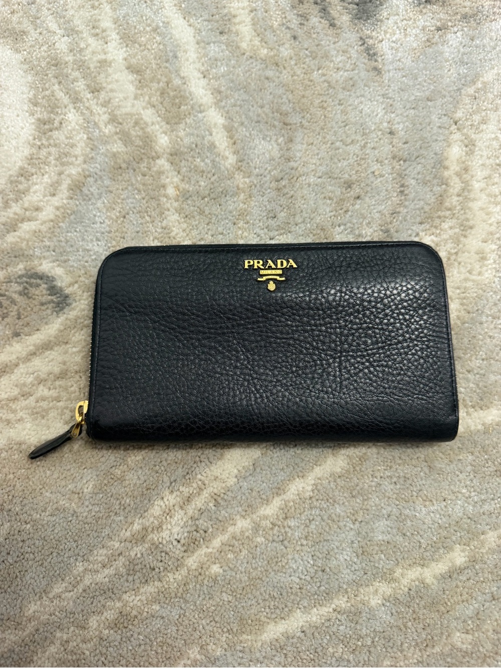 Prada Black Pebbled Leather Zip Wallet with Gold Logo